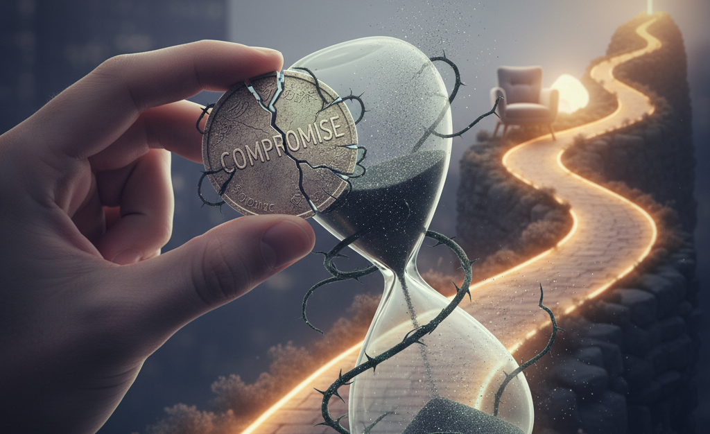 A picture of a cracked class-sand timer symbolizing compromise