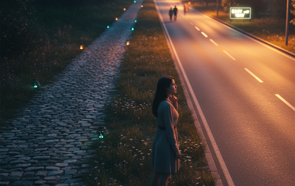 A picture of a woman standing in the middle of two roads; the one is a clean tar road while the other is a dirty rough road.