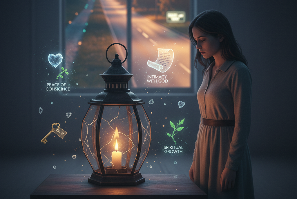 A picture of a woman standing close to a big candle lamp looking at it that is standing on the table while the candle is still burning inside